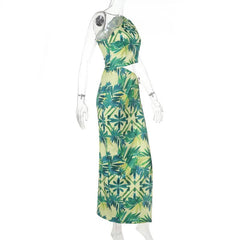 Slit hollow out irregular print one shoulder cut out maxi dress