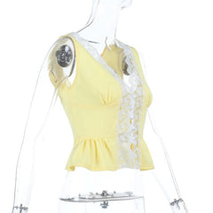 Lace hem v neck button ruched tank top