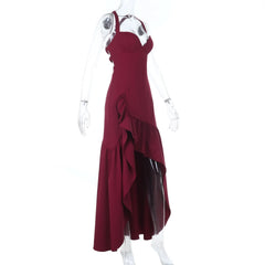 Cross back self tie v neck irregular zip-up midi dress