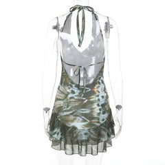 Halter self tie v neck print ruffle mini dress