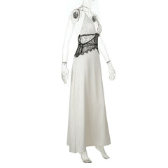 Halter self tie v neck lace hem zip-up maxi dress