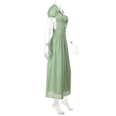 Ruched puff sleeve self tie backless maxi dress