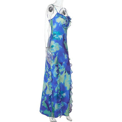 Ruffle hollow out self tie print cami cut out maxi dress