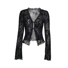 Long sleeve ruffle v neck print self tie top