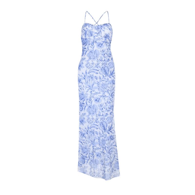 Cross back flower print v neck cami maxi dress