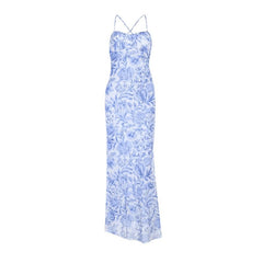 Cross back flower print v neck cami maxi dress