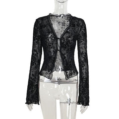 Long sleeve ruffle v neck print self tie top