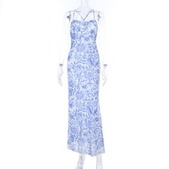 Cross back flower print v neck cami maxi dress