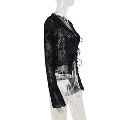 Long sleeve ruffle v neck print self tie top