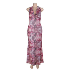 Cowl neck halter self tie print mesh maxi dress
