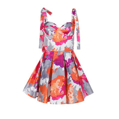 Pleated v neck self tie print cami mini dress