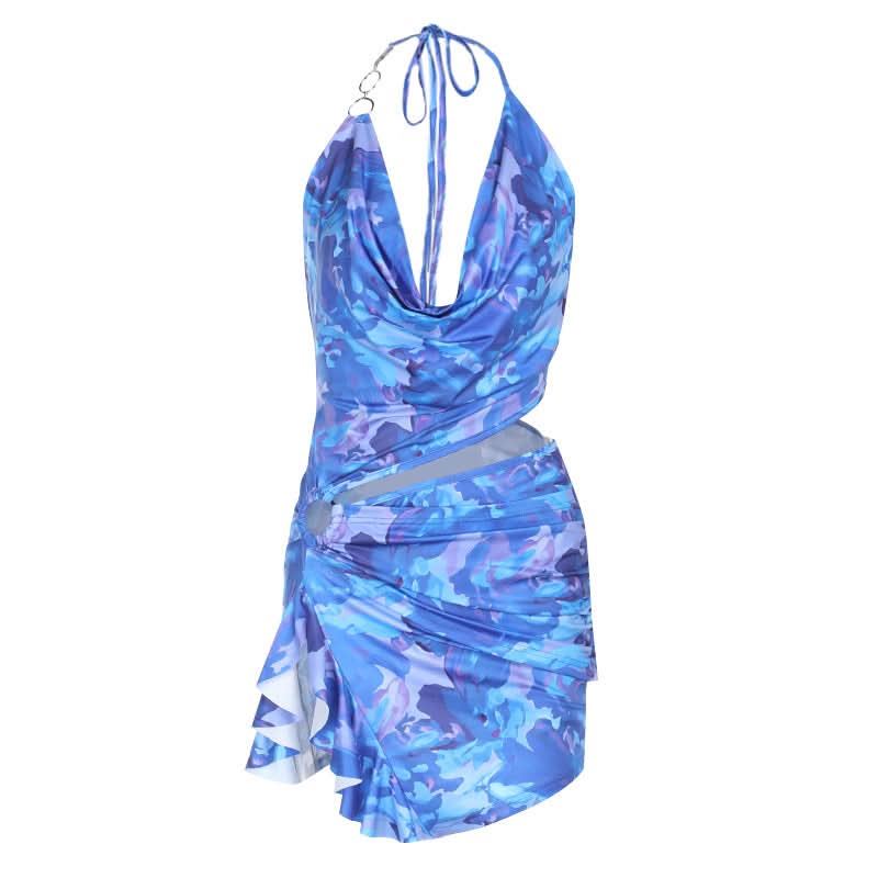 Irregular halter cowl neck slit o ring mini dress