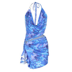 Irregular halter cowl neck slit o ring mini dress