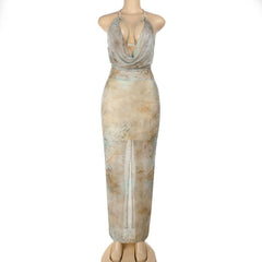 Halter cowl neck beaded slit print maxi dress