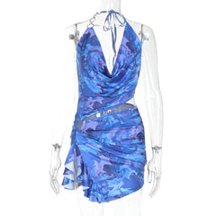 Irregular halter cowl neck slit o ring mini dress