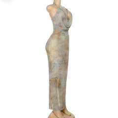 Halter cowl neck beaded slit print maxi dress