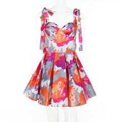 Pleated v neck self tie print cami mini dress