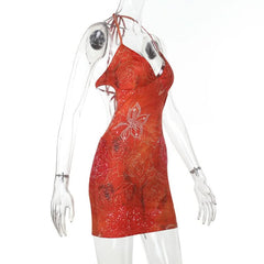 Self tie halter v neck print backless mini dress