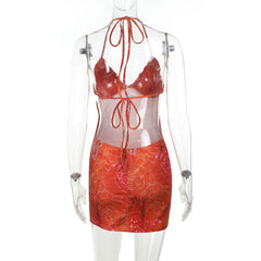 Self tie halter v neck print backless mini dress