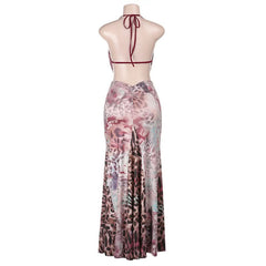 Ruched cowl neck print halter self tie maxi dress
