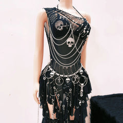 Metal chain ruffle irregular skull applique mini dress
