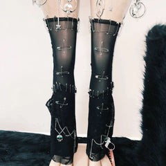 Long sleeve hollow out metal chain skull applique cut out top