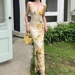 V neck flower print backless cami maxi dress