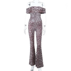 Leopard print off shoulder ruched jumpsuit
