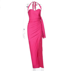 Halter self tie ruched v neck slit maxi dress