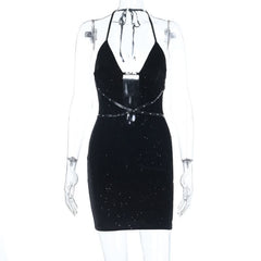 Hollow out halter self tie zip-up cut out mini dress