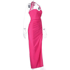 Halter self tie ruched v neck slit maxi dress