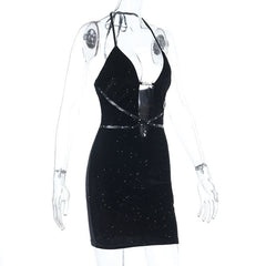Hollow out halter self tie zip-up cut out mini dress