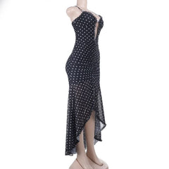 Mesh polka dot ruched ruffle cami midi dress