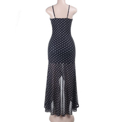 Mesh polka dot ruched ruffle cami midi dress