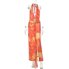 Slit halter self tie v neck print maxi dress