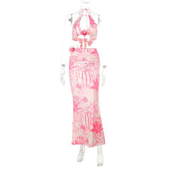 Ruched flower applique print halter maxi skirt set