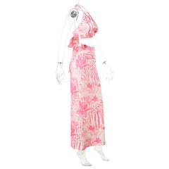 Ruched flower applique print halter maxi skirt set