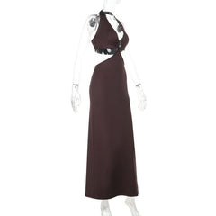 Halter self tie v neck brown maxi dress