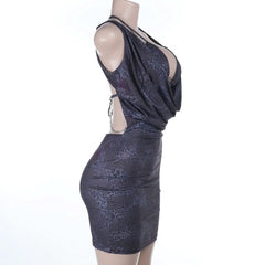 Metal chain o ring self tie print mini dress