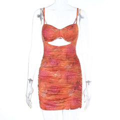 Ruched hollow out v neck print cami cut out mini dress