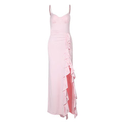 Ruffle slit v neck irregular cami mini dress
