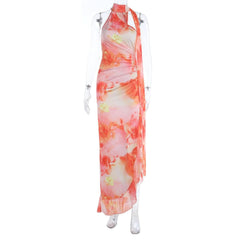 Ruched slit ruffle irregular print maxi dress