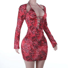 Long sleeve hollow out self tie print cut out mini dress