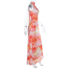 Ruched slit ruffle irregular print maxi dress