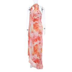 Ruched slit ruffle irregular print maxi dress