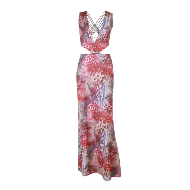 Print v neck hollow out cross back cut out maxi dress