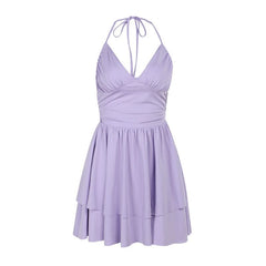 Halter self tie ruched v neck mini dress