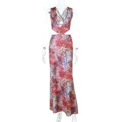 Print v neck hollow out cross back cut out maxi dress