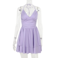 Halter self tie ruched v neck mini dress