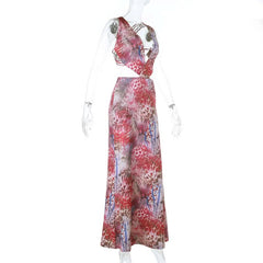 Print v neck hollow out cross back cut out maxi dress